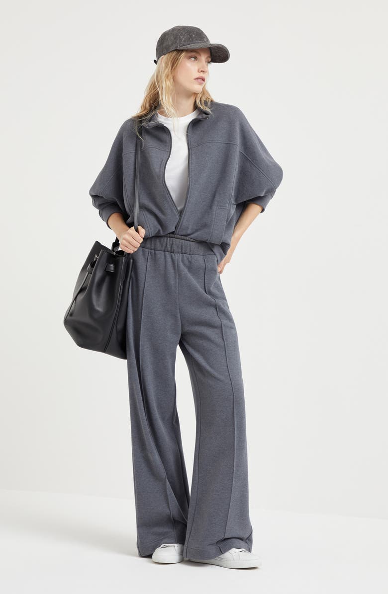 Brunello Cucinelli Cotton smooth French terry baggy trousers with shiny ribbed detail, Alternate, color, 