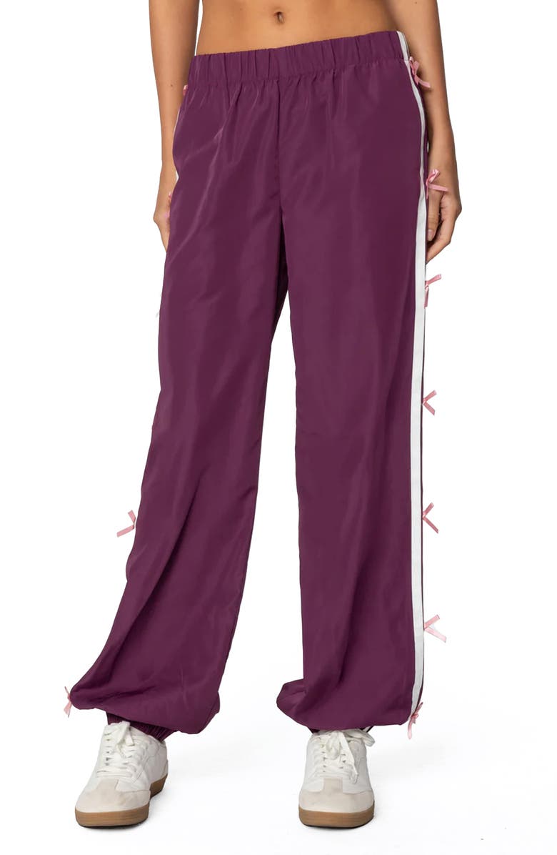 EDIKTED Bow Stripe Track Pants, Main, color, Purple