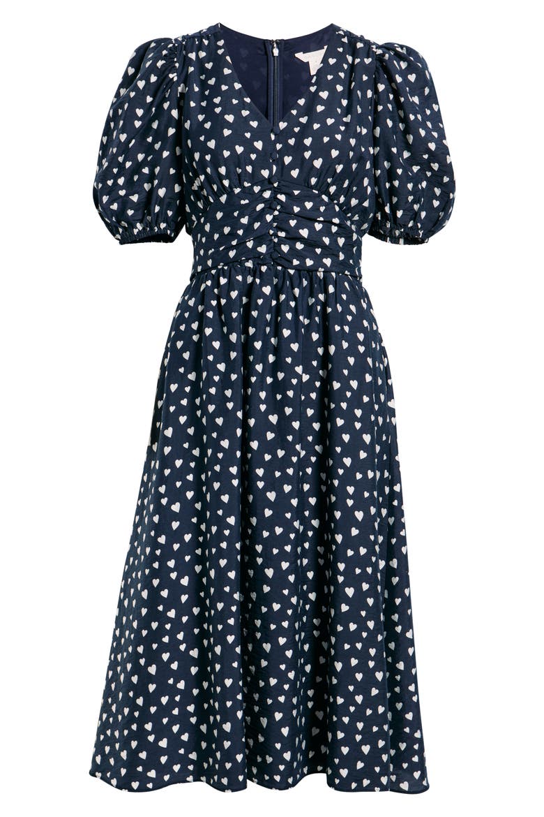 Puff Sleeve Heart Midi Dress, Alternate, color, NAVY- WHITE FLOATING HEARTS