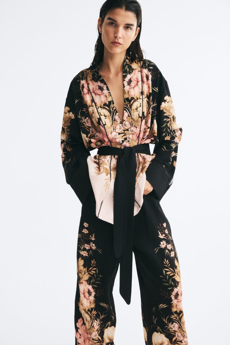 Viscose-Blend Tie-Belt Jacket, Alternate, color, Black/floral