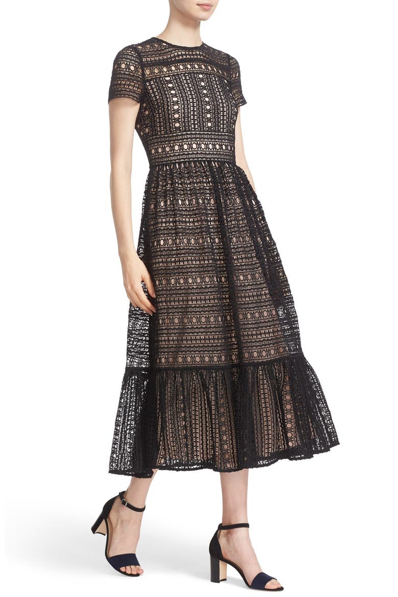 lace midi dress, Alternate, color, BLACK