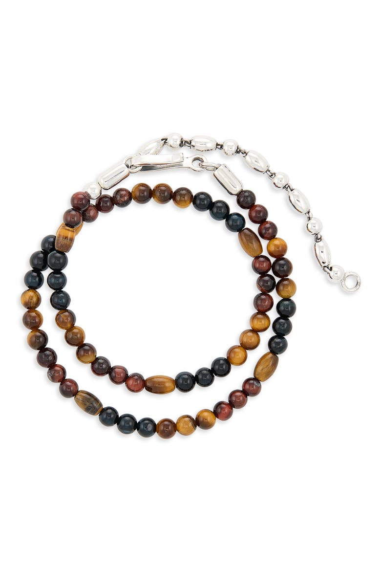 Men's Sterling Silver & Semiprecous Stone Bead Double Wrap Bracelet, Main, color, TIGER EYE