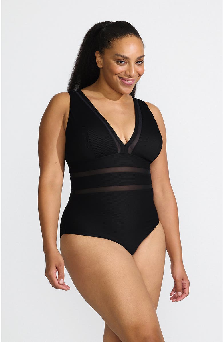 Lands' End Plus Size Mesh Ribbed Plunge High Leg One Piece Swimsuit, Main, color,