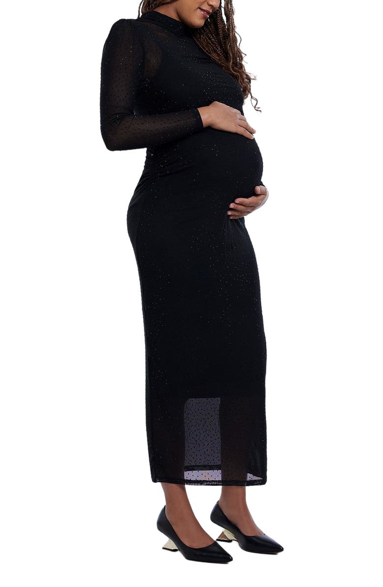 MOTHERHOOD MATERNITY Mesh Turtleneck Maxi Maternity Dress, Alternate, color, Black Rhinestone