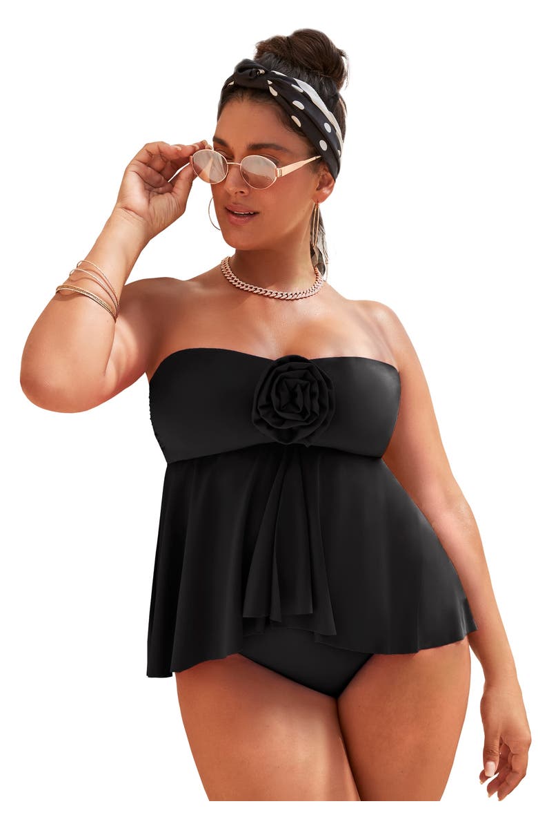 Swimsuits for All Rosette Bandeau Tankini Top, Main, color, Black