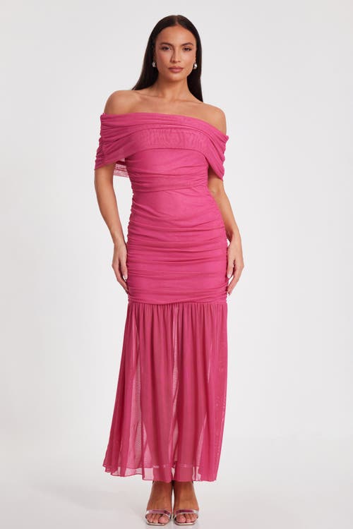 Quiz Bardot Mesh Maxi Dress In Hot Pink