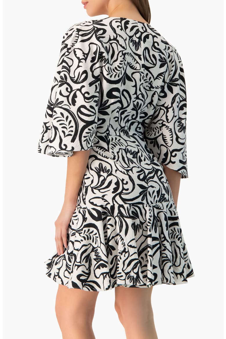 Swirl Botanical Print 3/4 Sleeve Fit-and-Flare Mini Dress, Alternate, color, White