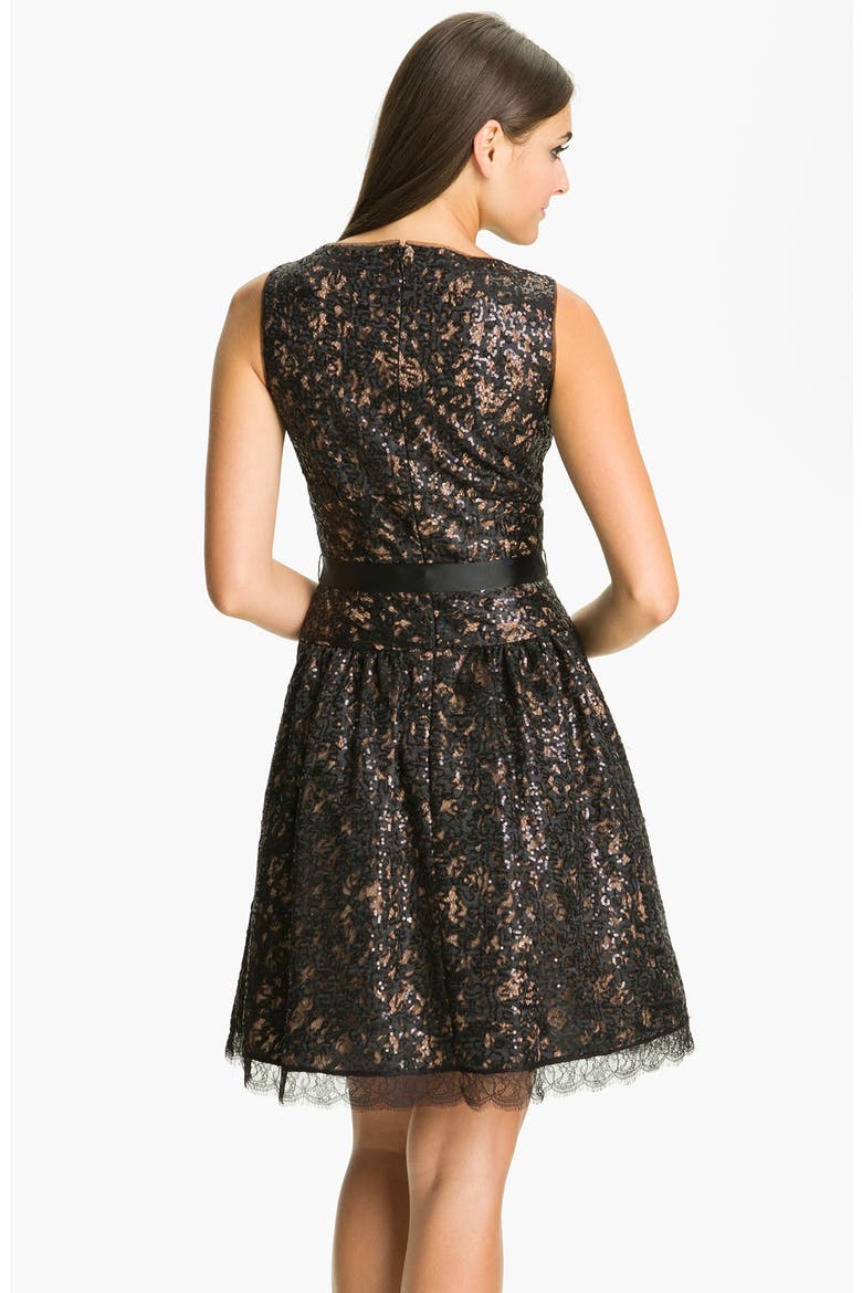 V-Neck Sequin Fit & Flare Dress, Alternate, color, BLACK