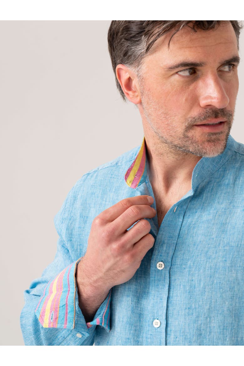 Linen Band Collar Shirt, Alternate, color, Turquoise