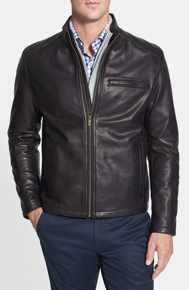 Cole Haan Lambskin Leather Moto Jacket, Main, color, Black