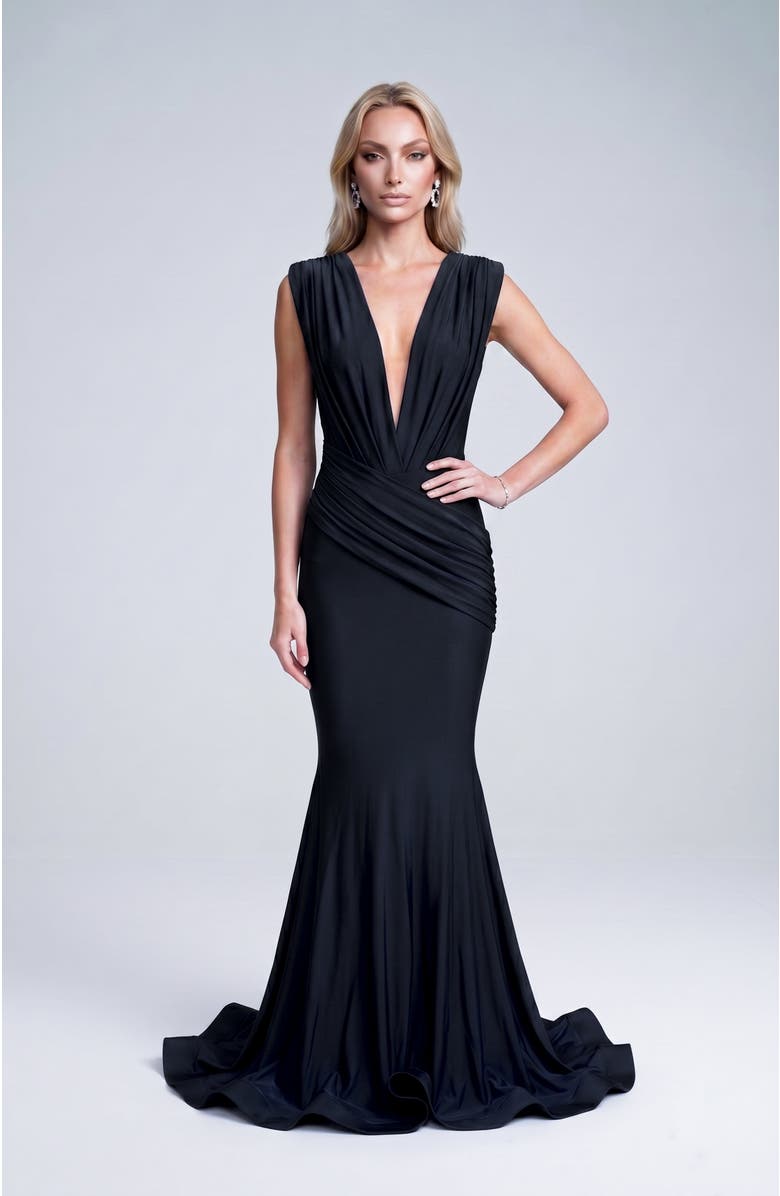Jessica Angel Ruched Plunge Pleated Sleeveless Mermaid Gown, Alternate, color, Black