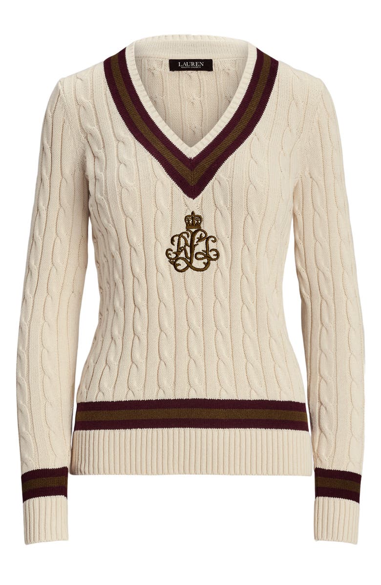 Lauren Ralph Lauren Gassed V-Neck Cable Stitch Sweater, Alternate, color, Cream/Pinot Noir/Botanic Green