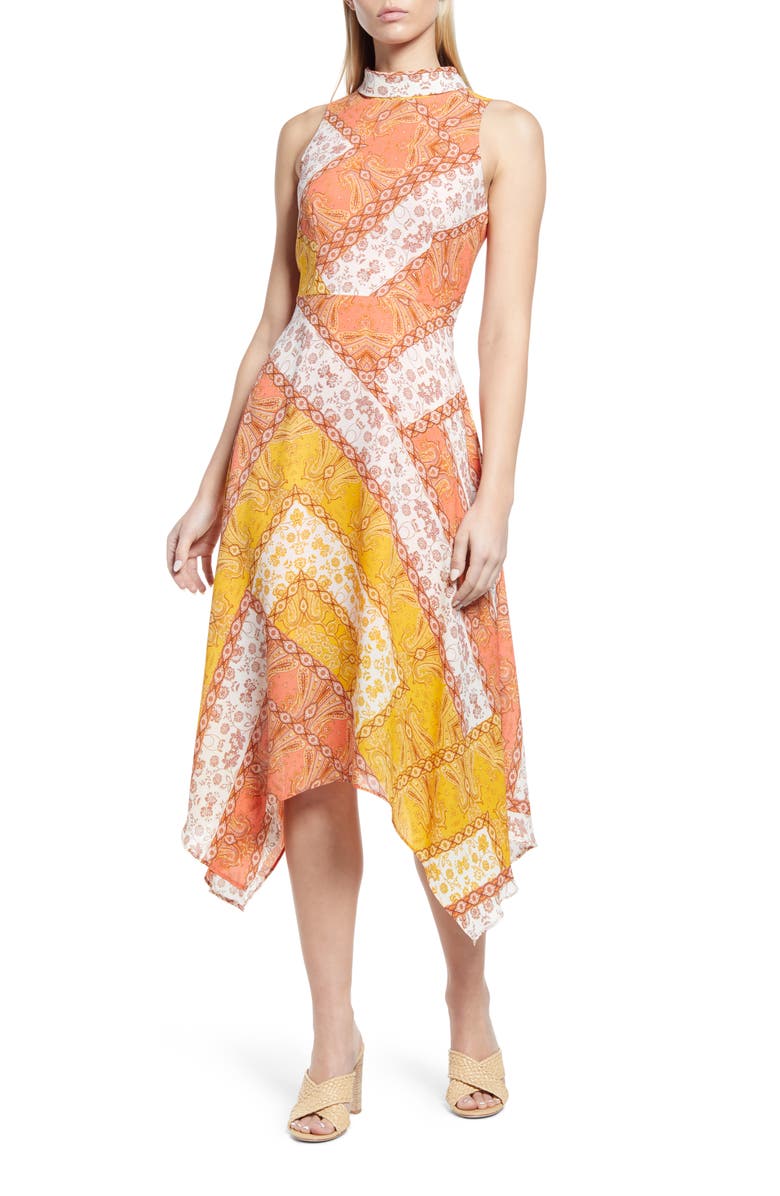 Vince Camuto Scarf Print Handkerchief Hem Crêpe de Chine Midi Dress, Main, color,