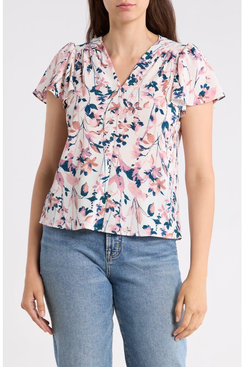Floral Flutter Sleeve Top, Main, color, PINK