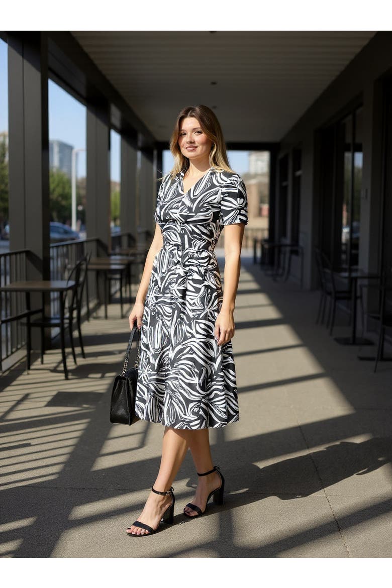 Womens Essential Abstract V-Neck Short Sleeve A-Line Midi Dress, Alternate, color, Black Multi