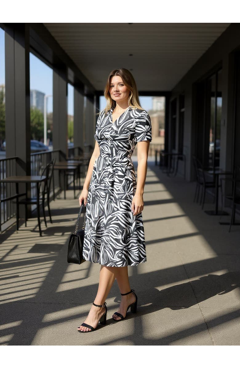 24seven Comfort Apparel Womens Essential Abstract V-Neck Short Sleeve A-Line Midi Dress, Alternate, color, Black Multi