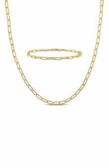 Paper Clip Oval Link Chain Necklace & Bracelet Set, 3.5mm