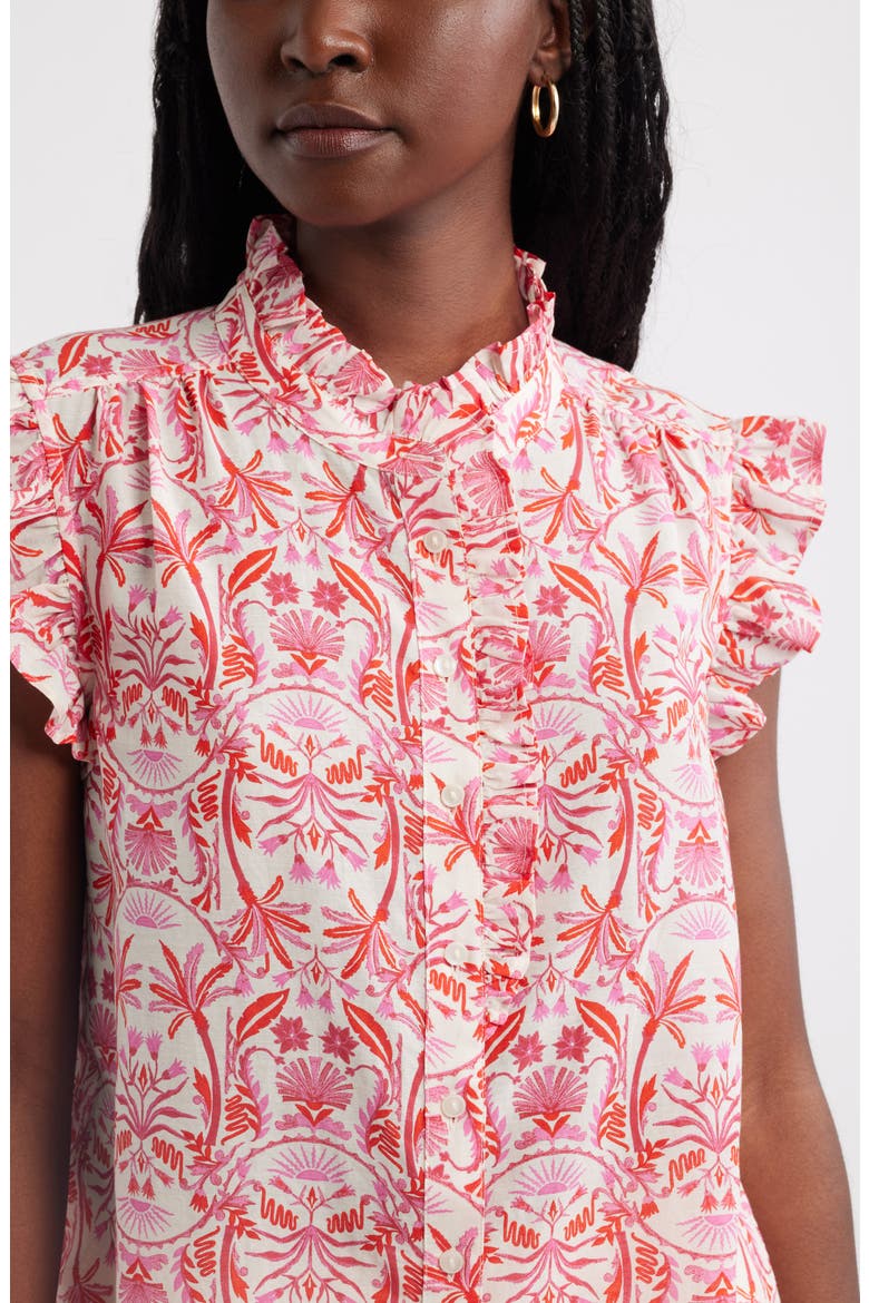 Ruffle Sleeve Cotton Blend Top, Alternate, color, IVORY- PINK PALM FLORAL