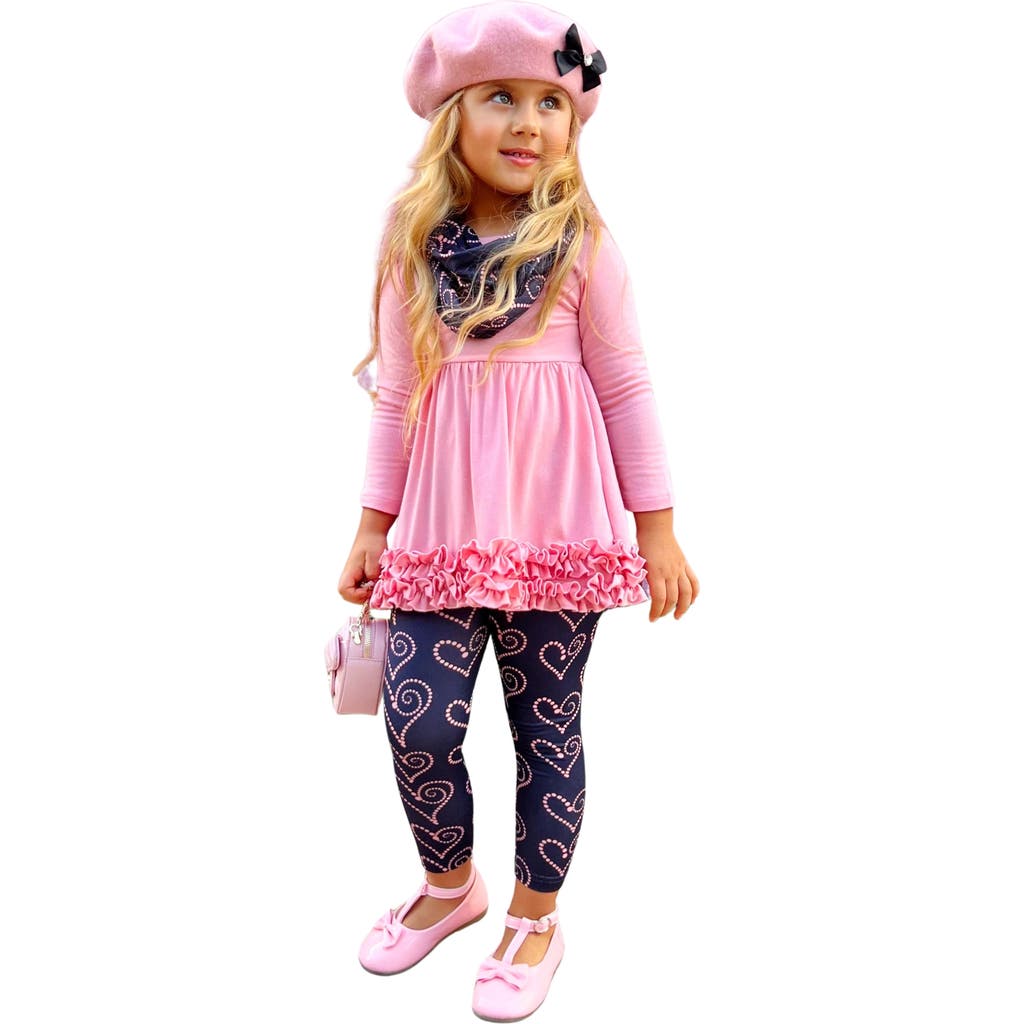 Mia Belle Girls Kids' Hugs And Heart Fashion Tunic, Scarf And Legging Set In Pink