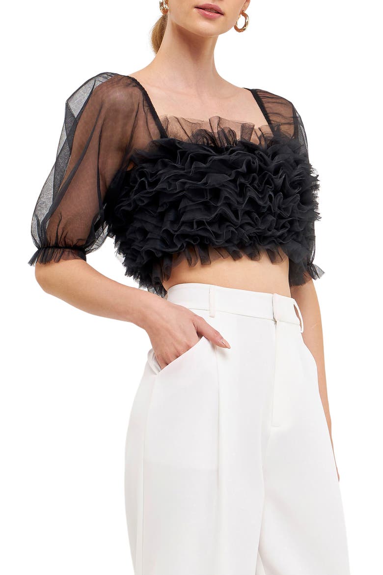 Ruffle Puff Sleeve Tulle Crop Top, Alternate, color, BLACK