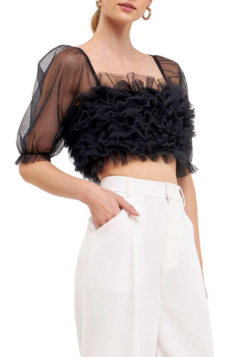 Endless Rose Ruffle Puff Sleeve Tulle Crop Top, Alternate, color, Black
