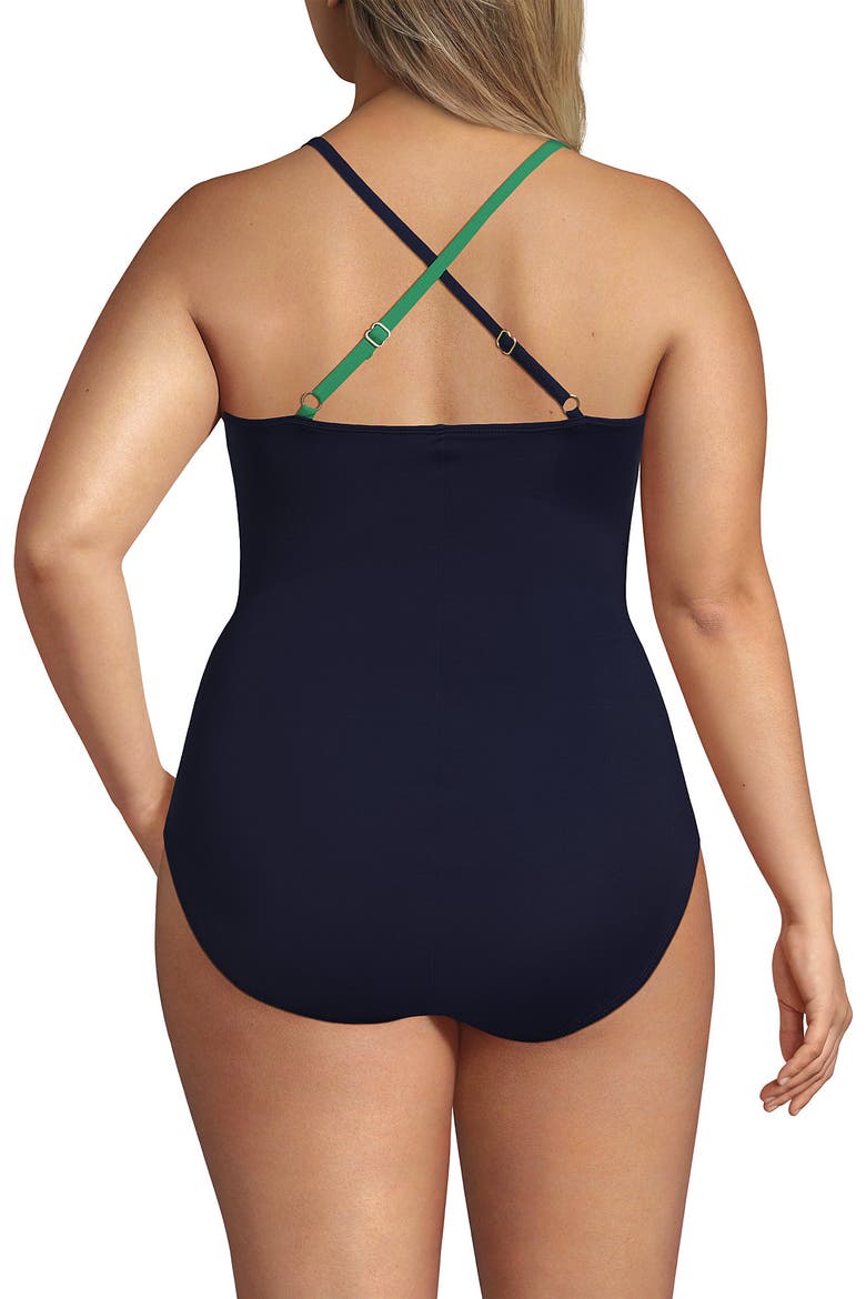 Slender Suit V-neck Pleated X-back One Piece Swimsuit Adjustable Straps, Alternate, color, Green/Navy