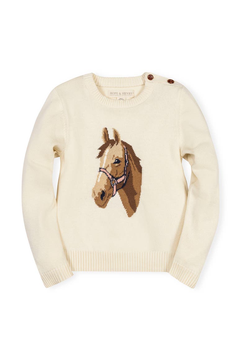 Kids' Organic Horse Intarsia Sweater with Elbow Patches, Main, color, Ivory Horse Intarsia