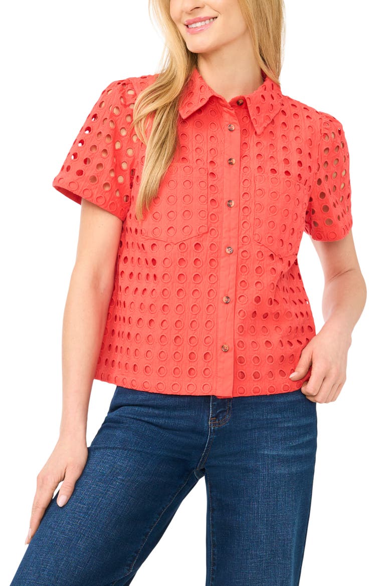 Cotton Eyelet Button-Up Shirt, Main, color, CAYENNE