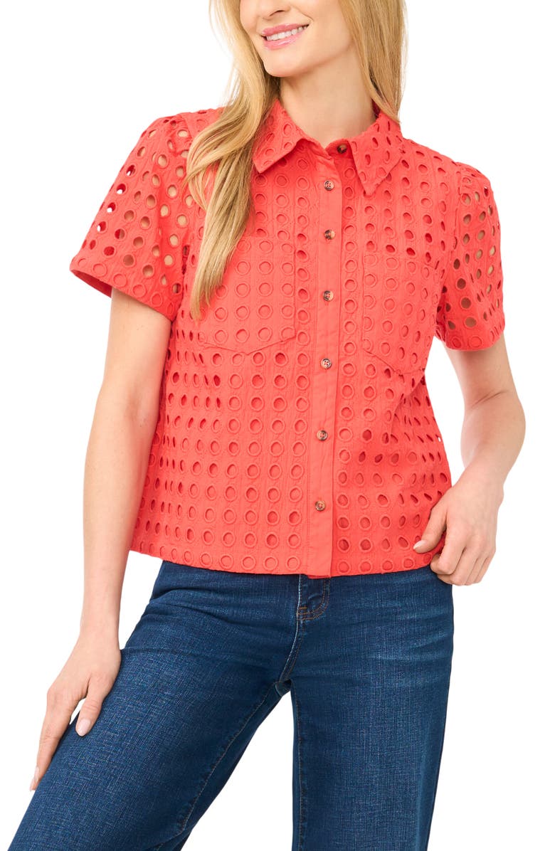 CeCe Cotton Eyelet Button-Up Shirt, Main, color, Cayenne