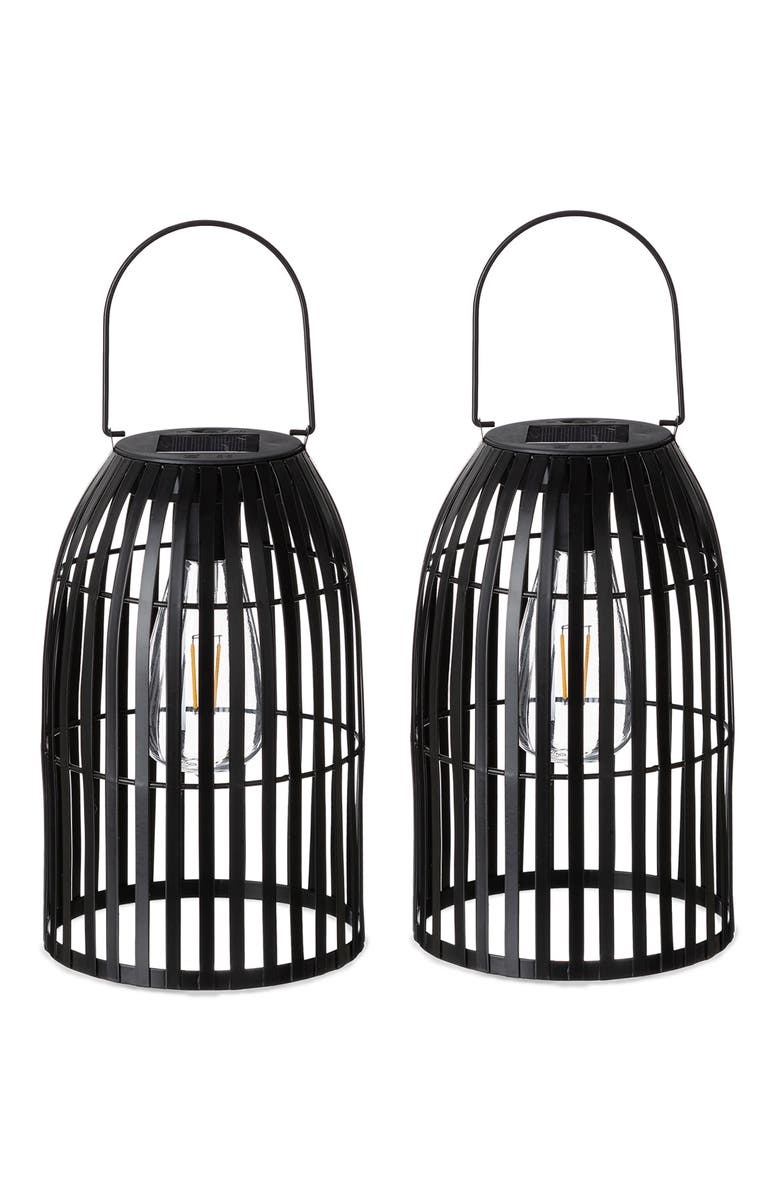 Glitzhome Set of 2 Metal Woven Solar Powered Outdoor Hanging Lantern with Edison Bulb, Alternate, color, Black