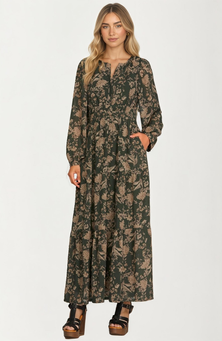 Knit and Lounge Long Sleeve Maxi Dress with Smocked Waist, Main, color, Dark Green / Floral