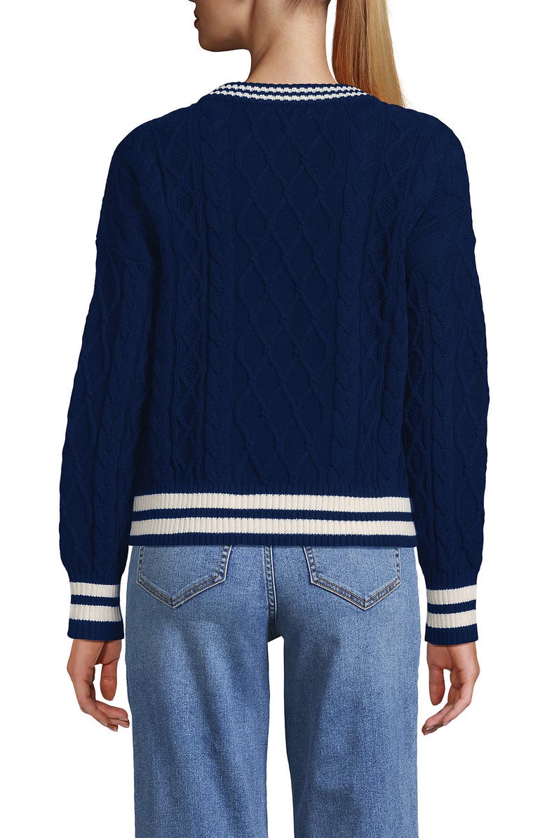 Lands' End Drifter Cable Vneck Sweater, Alternate, color, Deep Sea Navy/Ivory Tipping