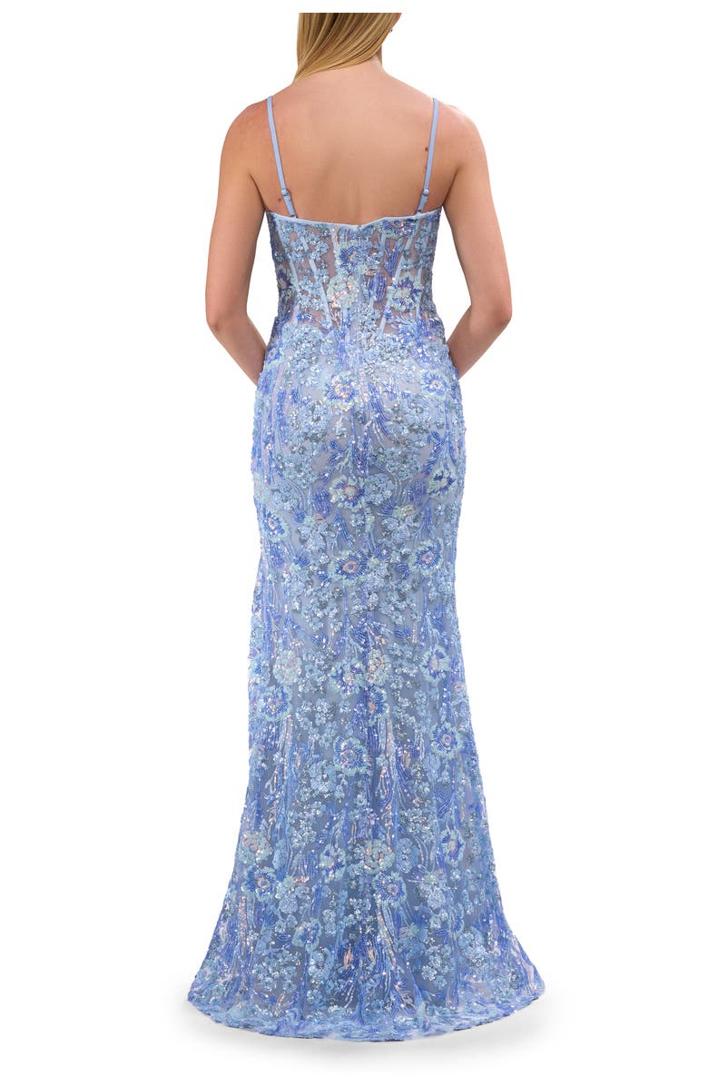 La Femme Fabulous Print Floral Sequin Dress with Deep V Neckline, Alternate, color, Cloud Blue