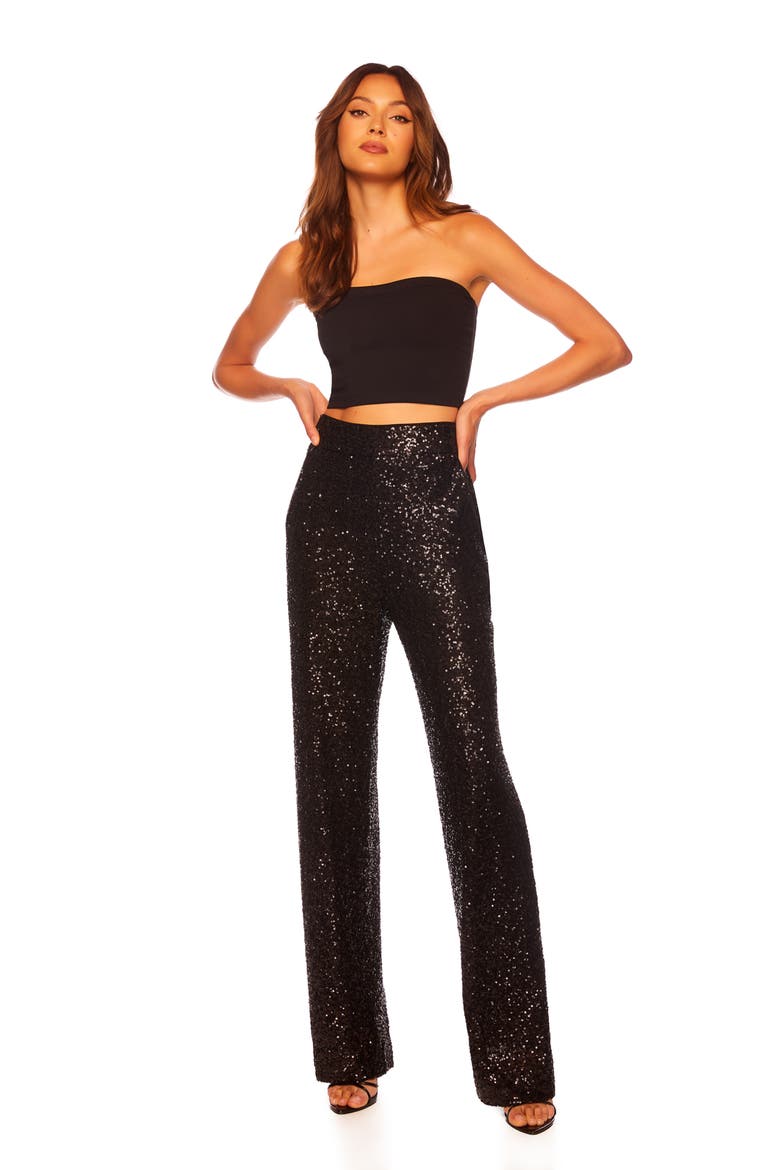 Sequin High Waist Wide Leg Pants, Alternate, color, BLACK