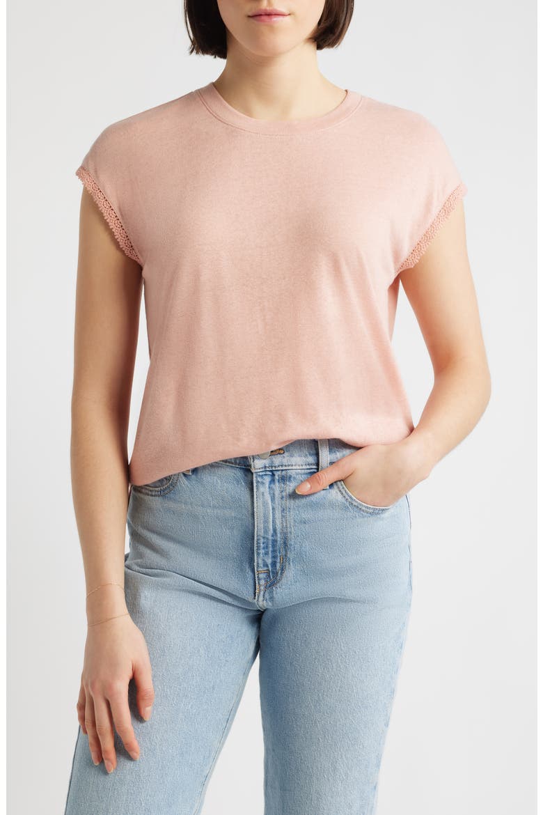 Crochet Cap Sleeve Tee, Main, color, DUSTY PINK