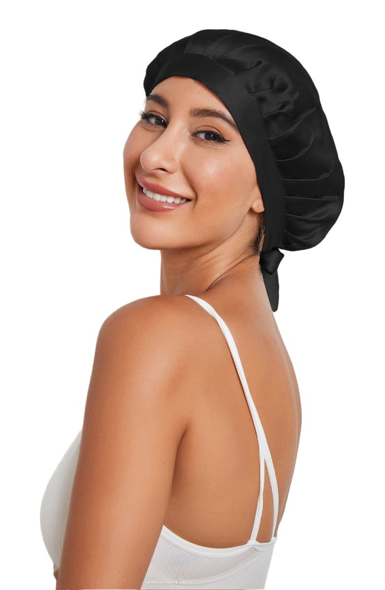 SILKSILKY Pure Silk Classic Ribbon Bonnet, Alternate, color, Black
