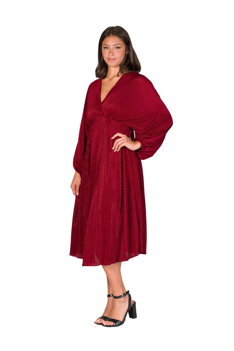 Shimmer Pleated V-neck Empire Waist Bishop Sleeve Midi Dress, Alternate, color, Wine