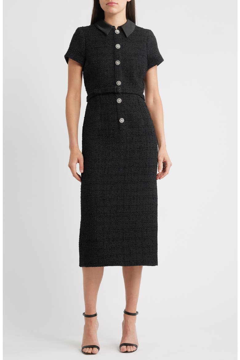 Bardot Crystal Floral Button Tweed Cocktail Midi Dress, Main, color, BLACK