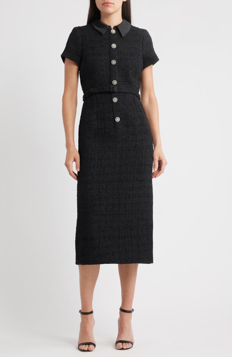 LIKELY Bardot Crystal Floral Button Tweed Cocktail Midi Dress, Main, color, Black