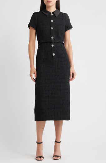 LIKELY Bardot Crystal Floral Button Tweed Cocktail Midi Dress