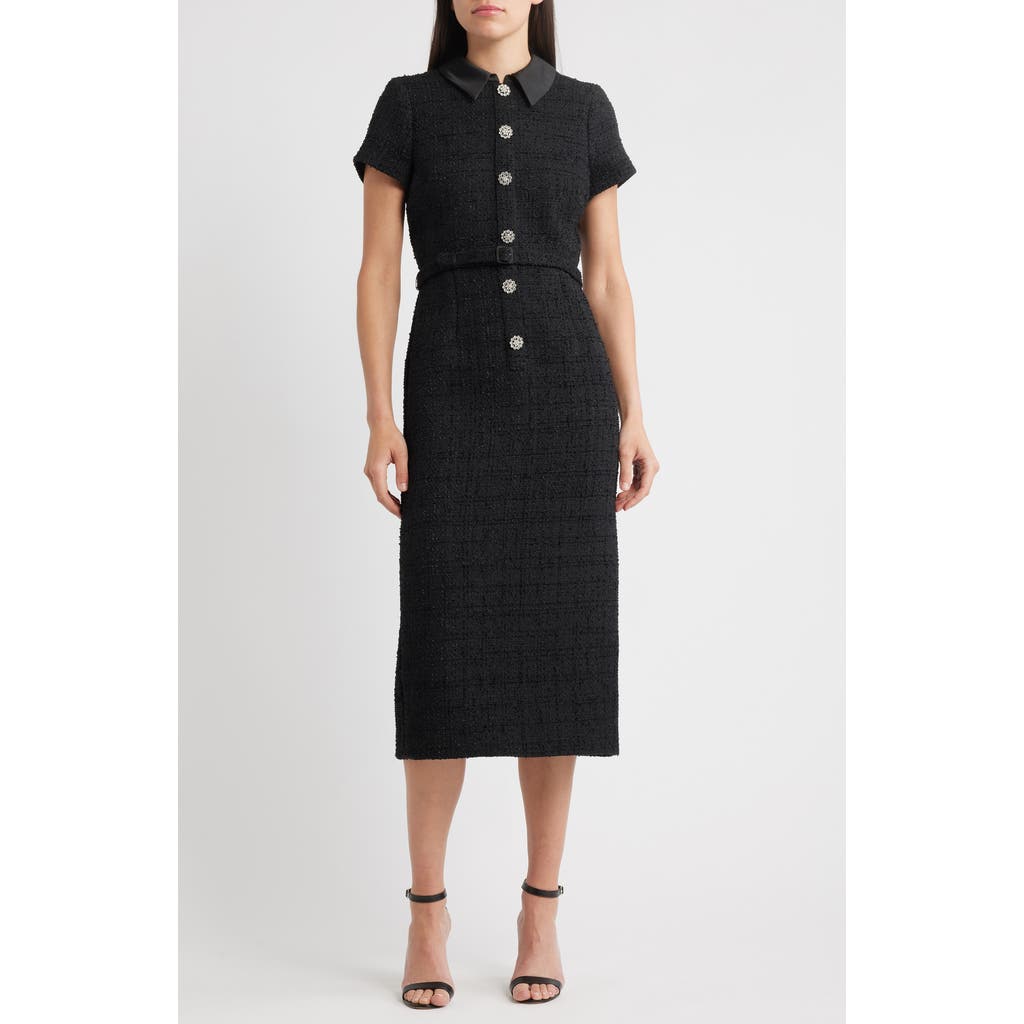 Likely Bardot Crystal Floral Button Tweed Cocktail Midi Dress In Black