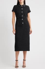 LIKELY Bardot Crystal Floral Button Tweed Cocktail Midi Dress