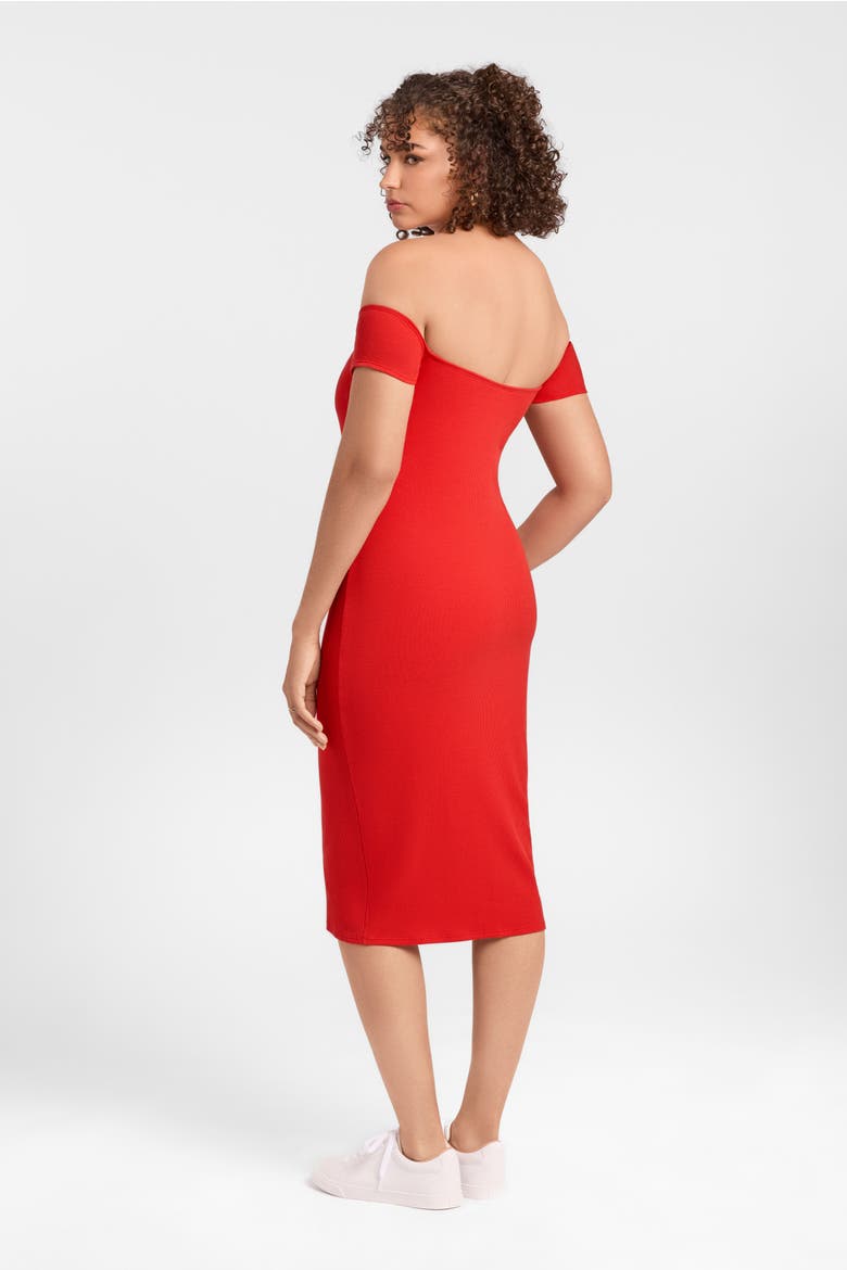 Sculpting Shapewear Rib Straight Neck Off The Shoulder Midi Dress, Alternate, color, Scarlet Rib