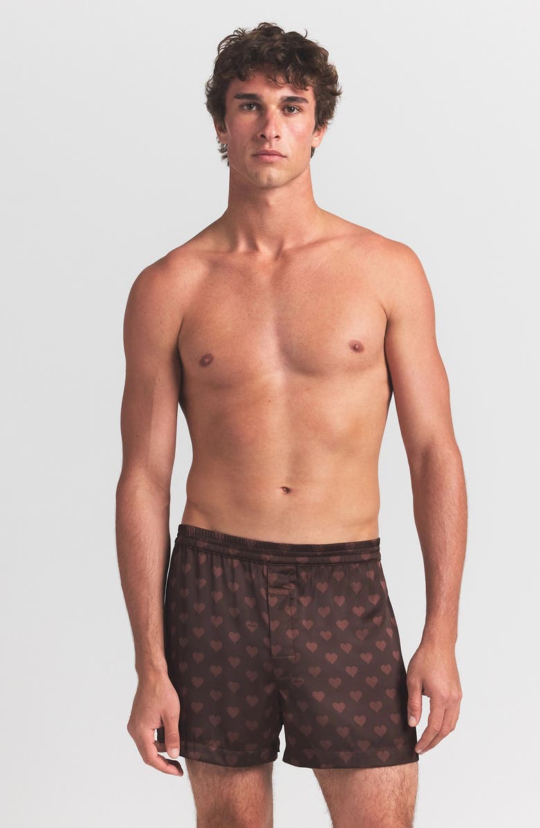 SKIMS Sleep Satin Boxers, Alternate, color, Cocoa Heart Halfdrop Print