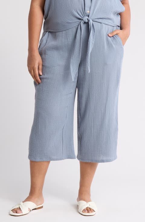 Gauze Side Crop Pants (Plus)