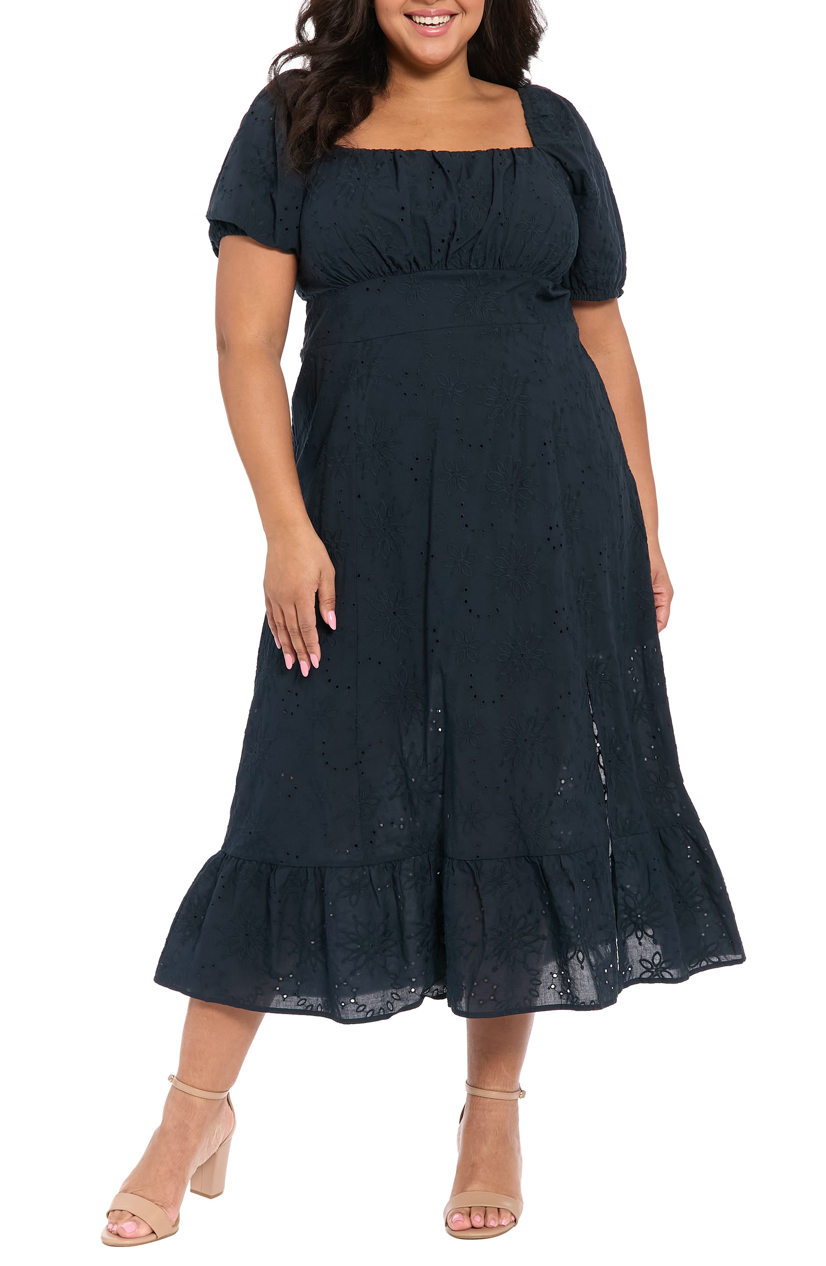 London Times Square Neck Smocked Eyelet Midi Dress