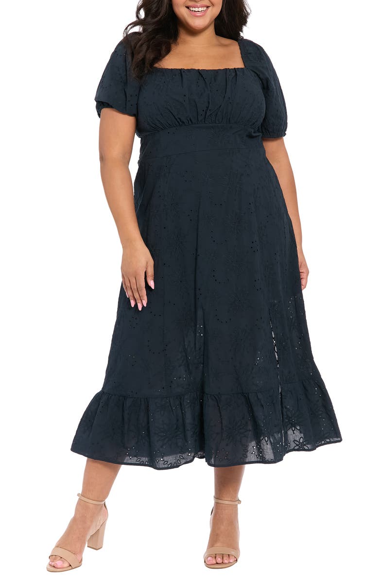 London Times Square Neck Smocked Eyelet Midi Dress, Main, color, Martm Navy