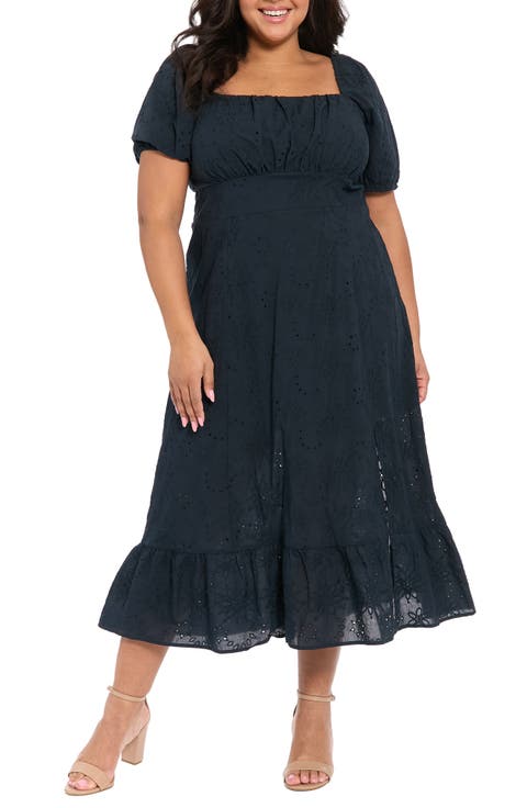 Square Neck Smocked Eyelet Midi Dress (Plus)