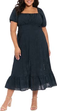 London Times Square Neck Smocked Eyelet Midi Dress