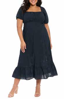 London Times Square Neck Smocked Eyelet Midi Dress